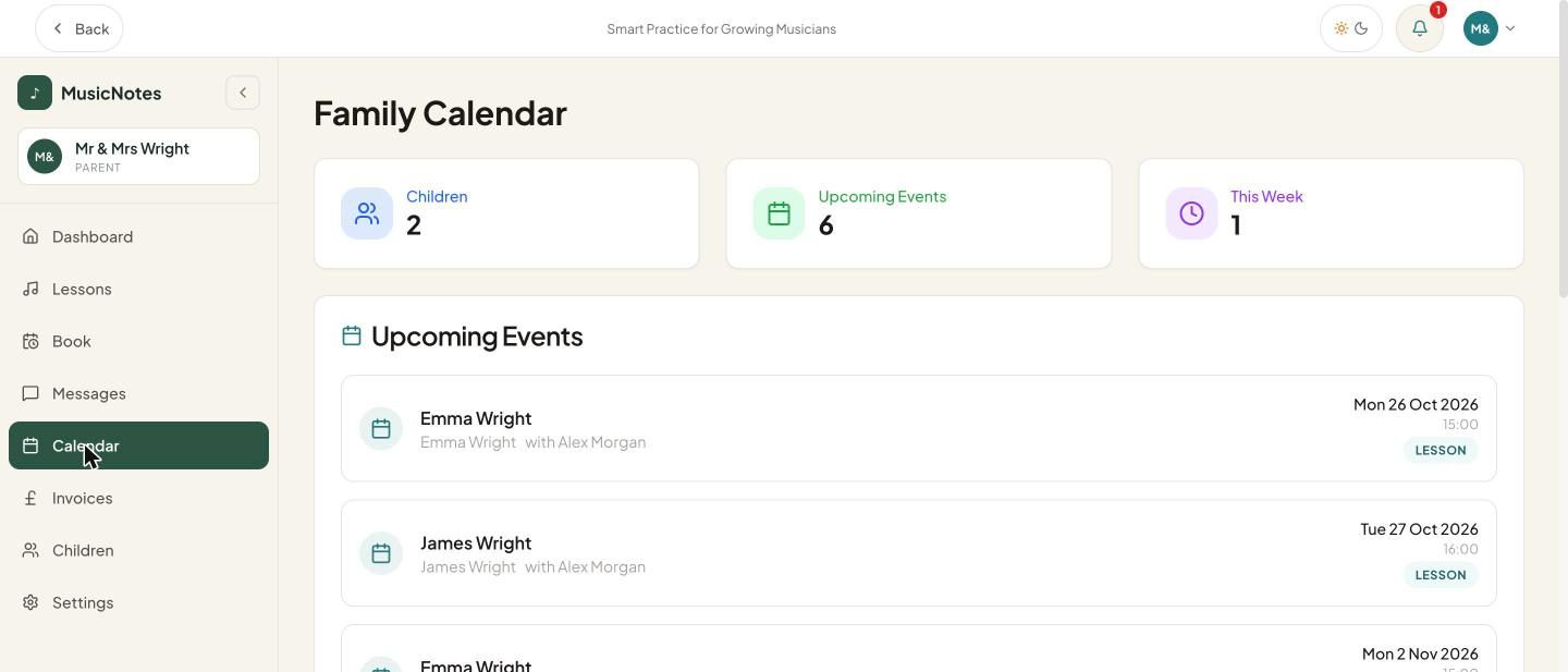 The family calendar listing upcoming lessons for every child