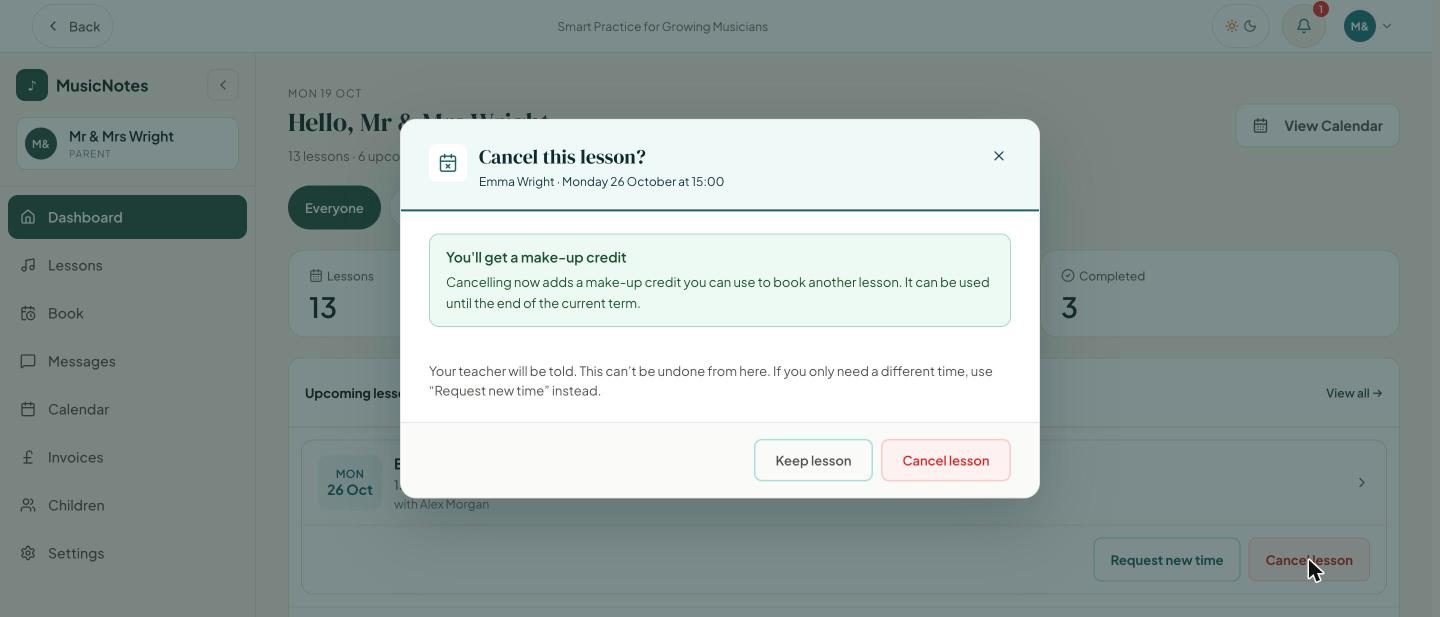 A dialog asking Cancel this lesson? and telling the parent they will get a make-up credit before they confirm