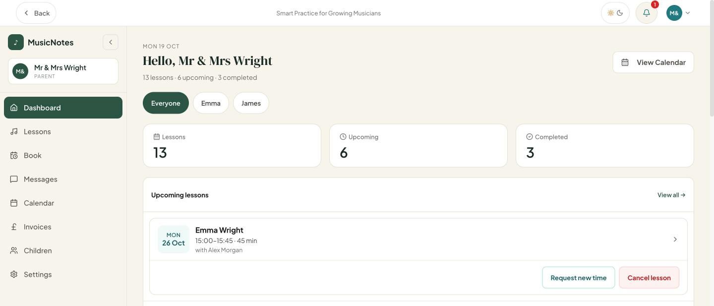 The parent dashboard showing upcoming lessons for two children, a filter for each child, and buttons to request a new time or cancel a lesson